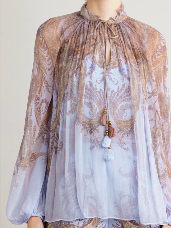 Zimmermann Tops - Zimmermann Sheer Lavender Blouse with Gold Embroidered Tassels